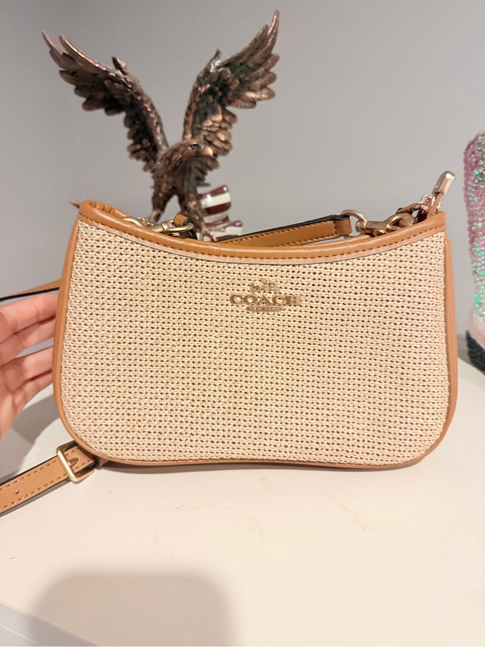 Coach Straw & Leather Crossbody Bag in Beige/Tan